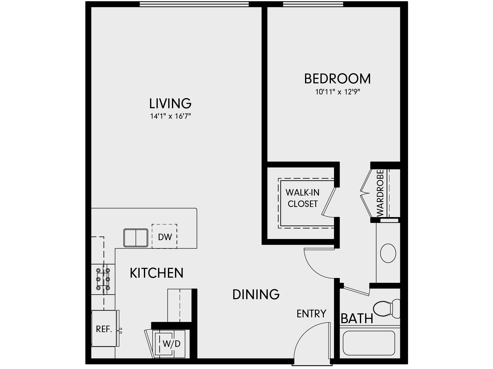Floor plan for 1 bed, 1 bath, 780 sqft